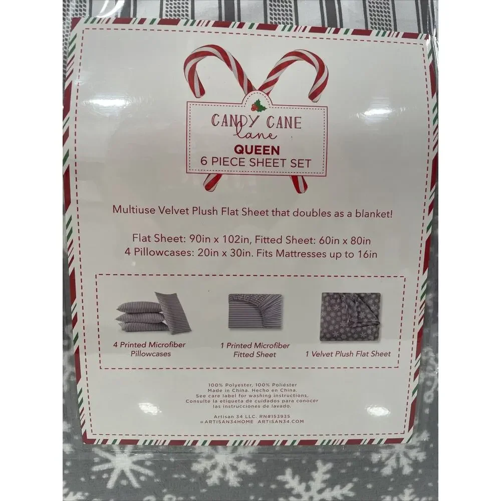 6 Pc SNOWFLAKES Queen Set Winter Holiday Sheets Gray Stripe Plush Sheet Blanket